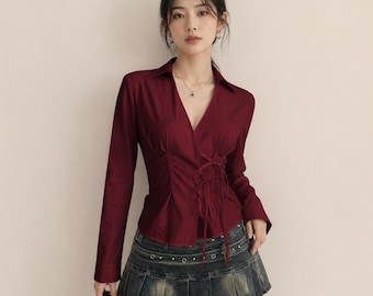 Women’s Burgundy Wrap Blouse: Tie-Front Peplum Long Sleeve V-Neck Top