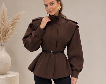 Chocolate Brown High-Neck Military Jacket: Elegant Puff Sleeve Peplum Coat