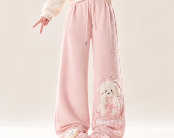 Pink Kawaii Wide Leg Pants: Y2K Plush Fuzzy Coquette Lounge Trousers