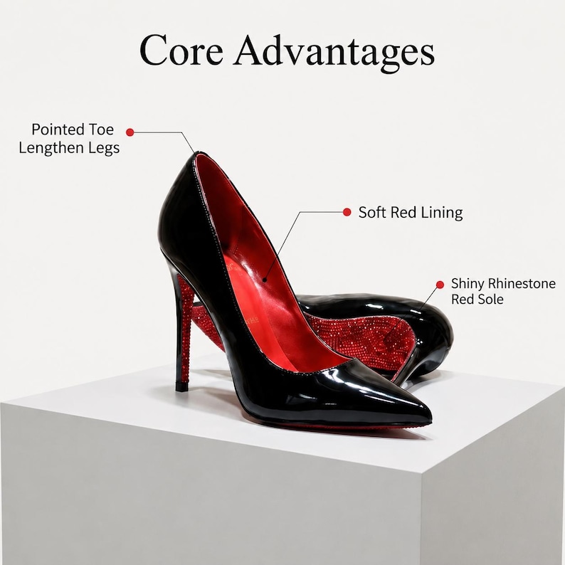 May include: A black patent leather high-heel pump with a pointed toe, a soft red interior lining, and a stiletto heel featuring a shiny red rhinestone-encrusted sole. The image includes the text Core Advantages, Pointed Toe Lengthen Legs, Soft Red Lining, and Shiny Rhinestone Red Sole.
