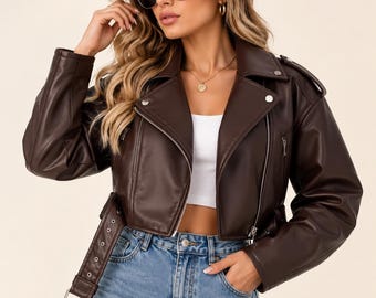 Women's Faux Leather Biker Jacket | Cropped Moto Coat | Vintage Slim Fit Streetwear