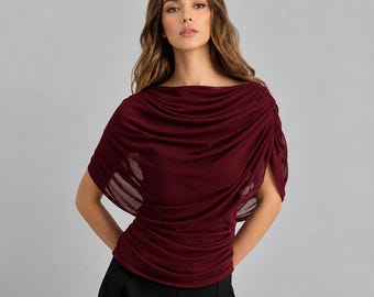 Draped Cowl-Neck Ruched Blouse: Elegant Batwing Cape-Sleeve Top