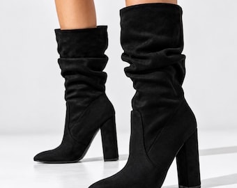 Knee High Suede Slouch Boots: Red, Black & Apricot Pointed Toe Block Heel Fashion Boots