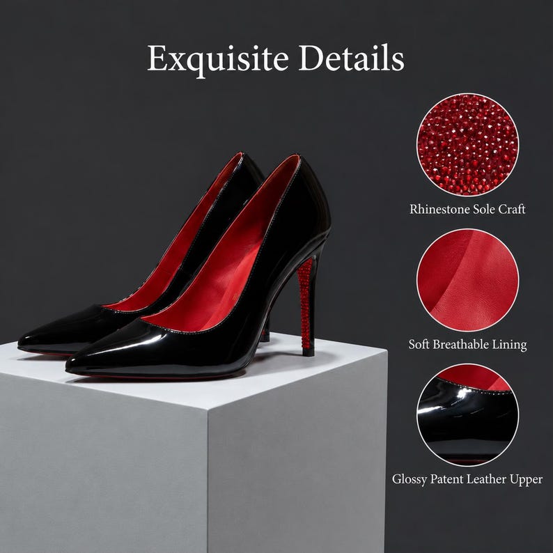 Black Patent Stiletto Pumps: Pointed Toe Heels with Red Sole Luxury Party Shoes image 11