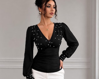 Pearl Blouse for Women: Elegant V Neck Long Sleeve Top Luxury Formal Shirt
