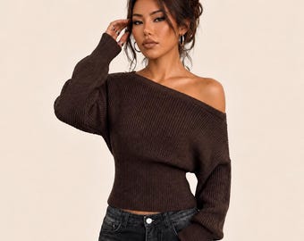 Off Shoulder Ribbed Cozy Knit Sweater: Cropped Long Sleeve Slim Fit Pullover Top