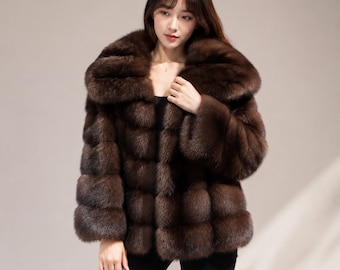 Luxury Brown Faux Fur Coat Women, Plush Fur Collar Jacket, Elegant Winter Outerwear