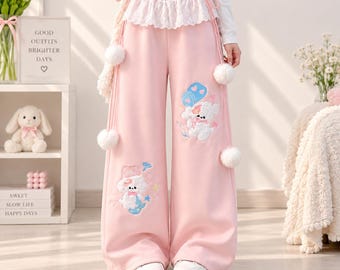 Pink Kawaii Wide Leg Pants: Y2K Lace Ruffle Coquette Trousers