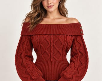 Off Shoulder Cable Knit Sweater: Cozy Long Sleeve Puff Sleeve Pullover Top