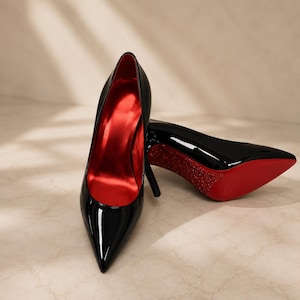 May include: A pair of black patent leather stiletto pumps with a pointed toe. The interior of the shoe is lined in a vibrant red satin material. The sole of the shoe is bright red, and the heel features a textured, sparkling red glitter finish.