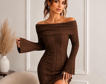 Off Shoulder Cable Knit Sweater Dress • Long Sleeve Bodycon Mini dress