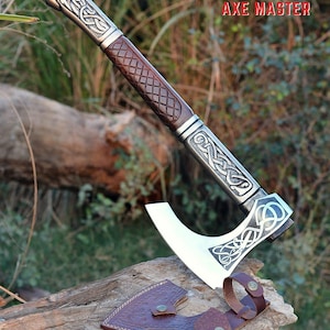 Viking Bearded Hatchet Valhalla Axe | Engraved Steel Head & Wood Handle | Leather Sheath Included