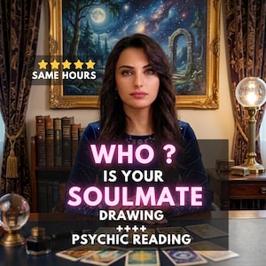Può includere: Un grafico digitale con una persona dai lunghi capelli scuri, cinque stelle gialle e il testo: SAME HOURS, WHO IS YOUR SOULMATE DRAWING e PSYCHIC READING. La scena include una sfera di cristallo, un calamaio e carte dei tarocchi su un tavolo.