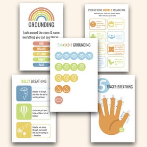 May include: A set of five educational posters featuring mental health exercises. The cards include Grounding, Progressive Muscle Relaxation, 5-4-3-2-1 Grounding, Belly Breathing, and 5 Finger Breathing with colorful icons, text instructions, and diagrams.
