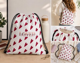LOVED. Bolsa de gimnasio | Bolsa con cordón y estampado de corazones | Bolsa de gimnasio para mujer | Bolsa deportiva para el día a día y el tiempo libre | Regalo para novia | Bolsa con cordón