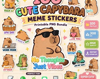 Pacchetto di 100 adesivi meme sui capibara: divertenti file digitali in formato PNG