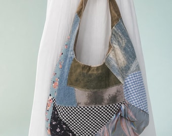 Borsa tote patchwork / Borsa a tracolla in tessuto riciclato / Borsa unica in tessuto di recupero / Regalo ecologico