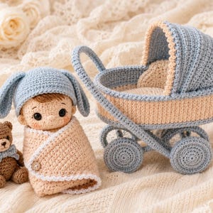 May include: A crocheted doll wearing a blue bunny-ear hat and a beige swaddle, a small brown crocheted teddy bear with a blue bow, and a blue and beige crocheted baby carriage. The doll has dark eyes and a single button on the swaddle.