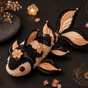 May include: A crocheted koi fish toy featuring a black, cream, and peach color palette with a small flower accent on its head. The fish has large black eyes, gold bead accents on its fins and tail, and a digital pattern label in the corner.