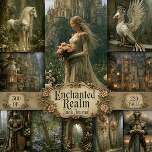 Può includere: Un collage digitale intitolato Enchanted Realm Junk Journal che mostra una figura centrale in abito con fiori, circondata da scene di un cavallo bianco, un grifone, castelli, un cavaliere in armatura e una spada, con 300 DPI e 220 pagine di testo.