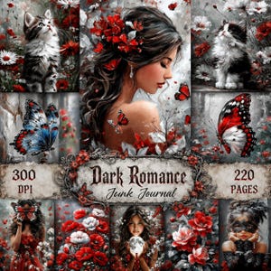 以下が含まれることがあります： Dark Romance Junk Journalと題されたデジタルコラージュ。髪に赤い花を飾った女性、子猫、蝶、花の配置が描かれています。テキストには300 DPI、220 PAGESと記されています。赤、白、黒のカラーパレットで構成されています。