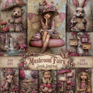 Puede incluir: Un collage digital con una hada central sentada sobre una seta, rodeada de un oso de peluche, un conejo con gafas, una cascada y paisajes florales. El texto dice Mushroom Fairy Junk Journal, 300 DPI y 230 PAGES.