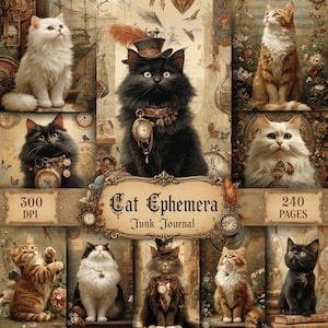Puede incluir: Una hoja de collage digital titulada Cat Ephemera Junk Journal que presenta varias ilustraciones de gatos con atuendos y entornos de estilo vintage, incluyendo relojes de bolsillo, sombreros de copa y fondos florales, con texto 300 DPI y 240 páginas.