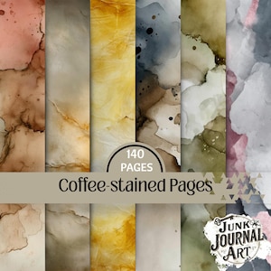 Può includere: Una collezione di 140 pagine digitali con texture macchiate di caffè in varie tonalità di marrone, giallo, verde e grigio. L'immagine mostra pannelli verticali con lavaggi ad acquerello, schizzi e motivi marmorizzati per junk journal.