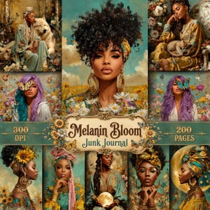 May include: A digital collage featuring multiple portraits of diverse individuals with various hairstyles and floral accents, centred around a decorative label with the text Melanin Bloom Junk Journal, 300 DPI, and 200 pages.