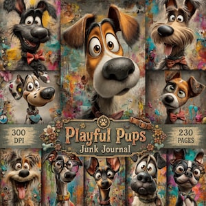 Playful Pups Junk Journal Kit 230 Pages Vintage Cute Dogs Ephemera Cute Puppy Art (Digital Download)