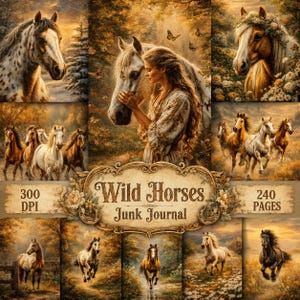 以下が含まれることがあります： Wild Horsesと題された240ページ、300DPIのデジタルジャンクジャーナルキット。コラージュには、馬と人物、走る馬、温かみのある黄金色の肖像画など、自然の風景の中の馬の様々なシーンが描かれています。