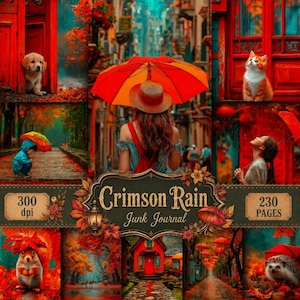 May include: A junk journal titled Crimson Rain with 300 dpi and 230 pages, featuring a collage of images including a puppy, a person with a red umbrella, a cat, a child with an umbrella, a squirrel, and a hedgehog in a red-toned setting.
