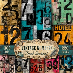 Może przedstawiać: Cyfrowy zestaw do junk journala zatytułowany Vintage Numbers, zawierający kolaż wyblakłych tekstur, wyrazistą czarną typografię oraz żywe bloki kolorów w odcieniach żółci, turkusu, czerwieni i beżu. Centralna etykieta zawiera napis Vintage Numbers Junk Journal.