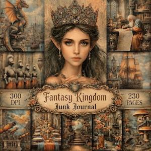 Può includere: Un collage digitale intitolato Fantasy Kingdom Junk Journal che presenta un ritratto centrale di un elfo con corona, circondato da scene con un drago, uno scriba, cavalieri, una nave, un telescopio, un tavolo da banchetto e case a fungo.