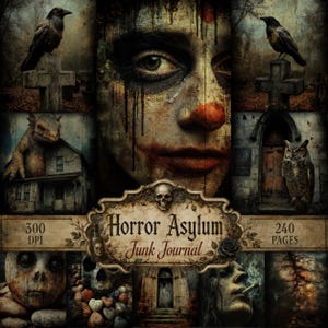 Kit per diario creativo Horror Asylum, 240 pagine, effimeri gotici e inquietanti per Halloween, arte spaventosa (download digitale)