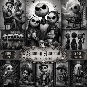Könnte beinhalten: Eine schwarz-weiße digitale Collage mit dem Titel Spooky Journal Junk Journal, die verschiedene skelettartige Figuren, Geister und gotische Illustrationen zeigt. Der Text Spooky Journal Junk Journal, 300 DPI und 240 PAGES ist deutlich sichtbar.