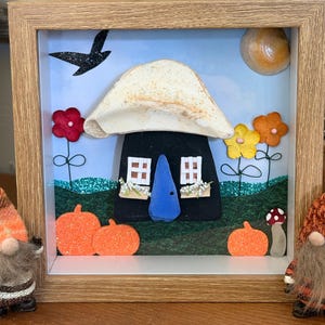 Autumn is in the Air. Sea Glass and Pottery Cottage Art in Shadowbox Frame. Long Island, New York.