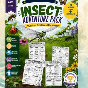Puede incluir: Un set de actividades educativas Insect Adventure Pack para edades de 6 a 10 años, con 8 páginas de actividades y un certificado. La portada muestra ilustraciones de libélula, mariquita, abeja y mantis, con textos sobre juegos y retos.