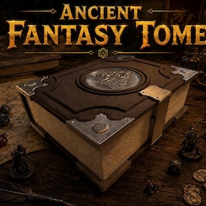 Puede incluir: Un libro grande, rectangular y de color marrón oscuro titulado ANCIENT FANTASY TOME, con un emblema circular plateado en el centro y protectores metálicos en las esquinas. El libro está rodeado de dados poliédricos, figuras y monedas.