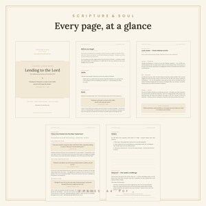 Könnte beinhalten: Ein digitales Dokument mit dem Titel Scripture & Soul: Every page, at a glance, das fünf A4-PDF-Seiten mit beigen Akzenten zeigt. Der Text enthält Abschnitte wie Lending to the Lord, Before you begin, Look closer, Follow the thread und Reflect.