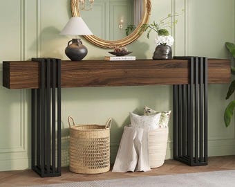 71 Inch Long Console Table Industrial Sofa Desk Behind Couch Extra Thick Walnut Entryway Rectangular Hallway Pipe Leg Furniture