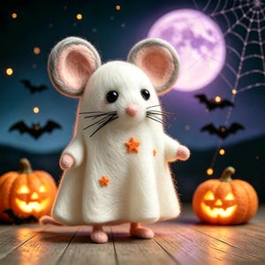 Hand Needle Felted Wizard Mouse Holding Pumpkin, Halloween Autumn Desk Decor