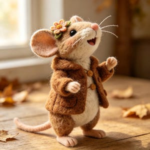 May include: A needle-felted mouse figurine with light brown fur, wearing a textured brown jacket with small buttons. The mouse has a pink nose, long white whiskers, and a small orange flower accessory on its head, standing upright.