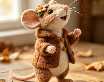 Handmade Needle Felt Mouse Statue, Cute Wool Forest Mouse with Flower, Farmhouse Desk Ornament, Woodland Animal Figurine