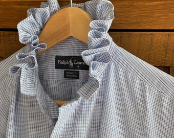 Upcycled Ralph Lauren Ruffle Collar Plaid Shirt – Reworked Cotton Buttonup, Embroidered Pony