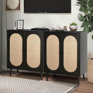 ボヘミアン風ラタン製収納キャビネット（籐扉付き）｜ミッドセンチュリー風アクセントオーガナイザー