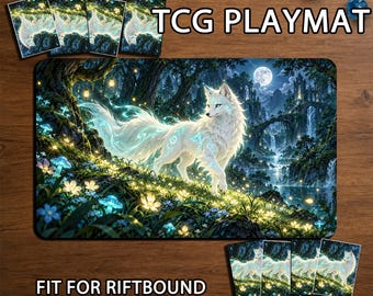 May include: A rectangular TCG playmat featuring a white fox with glowing blue markings in a forest at night with a full moon, waterfalls, and glowing mushrooms. The text TCG PLAYMAT and FIT FOR RIFTBOUND is printed on the image along with card sleeves.