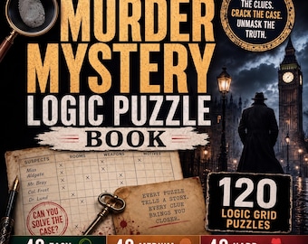 120 Puzzle di logica a griglia con tema giallo in formato PDF / Giochi di deduzione investigativa stampabili per adulti / Libro di puzzle a tema true crime per un'atmosfera accogliente