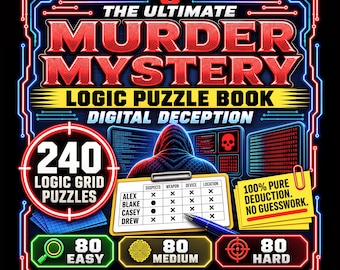 240 Murder Mystery Logic Grid Puzzles PDF, Printable Detective Deduction Games, Adults, GoodNotes iPad, Cozy True Crime Digital Puzzle Book