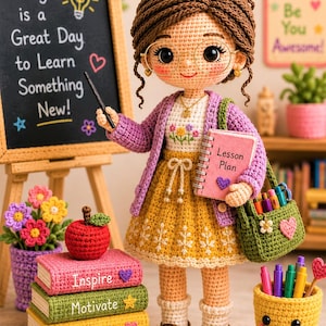 Wzór na szydełkową lalkę nauczycielkę | Lalka amigurumi, kardigan, sukienka (pobierz plik PDF)